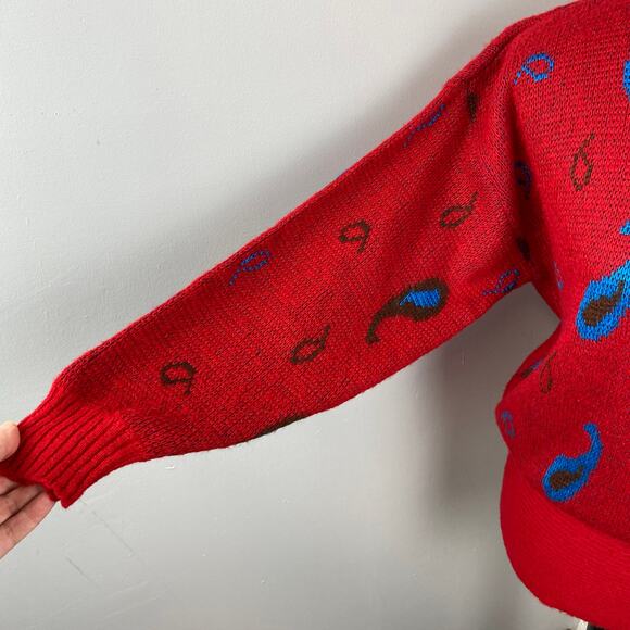 Diane Von Furstenberg Vintage 80s Red Wool Balloon Sleeve Paisley Sweater Small - Picture 3 of 7